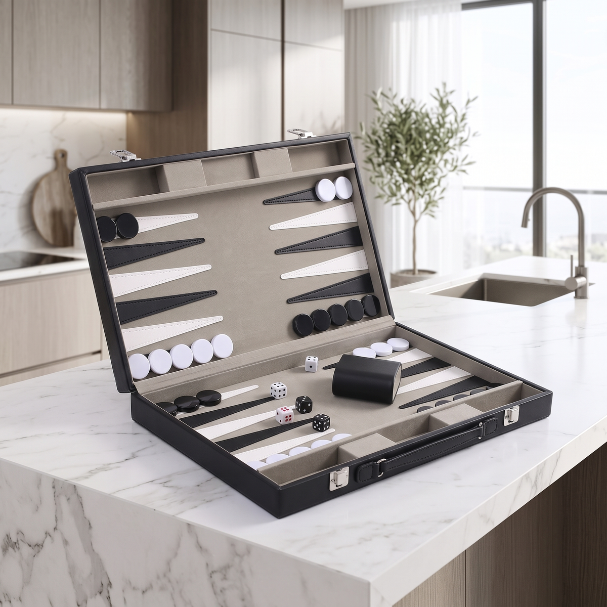 Milano Backgammon Set in Black Faux Leather Case