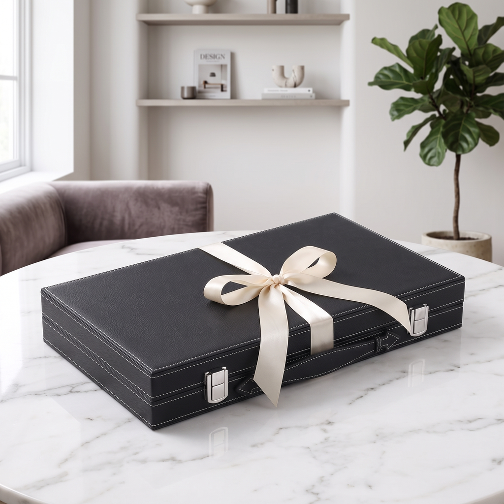 Milano Backgammon Set in Black Faux Leather Case