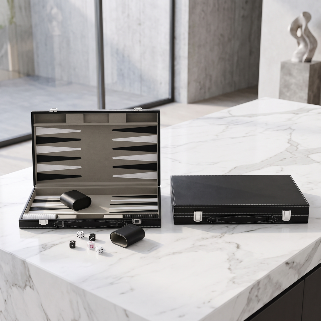 Milano Backgammon Set in Black Faux Leather Case