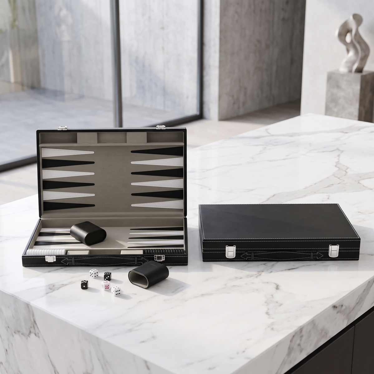 Milano Backgammon Set in Black Faux Leather Case